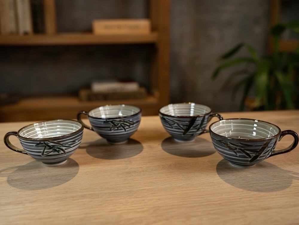 UCAGCO Occupied Japan Set 4 Hand Crafted BAMBOS Bamboo Ceramic Cups 1945-52 VTG